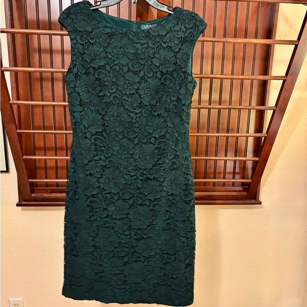 Lauren Ralph Lauren Dark Green Lace Midi Sheath Dress